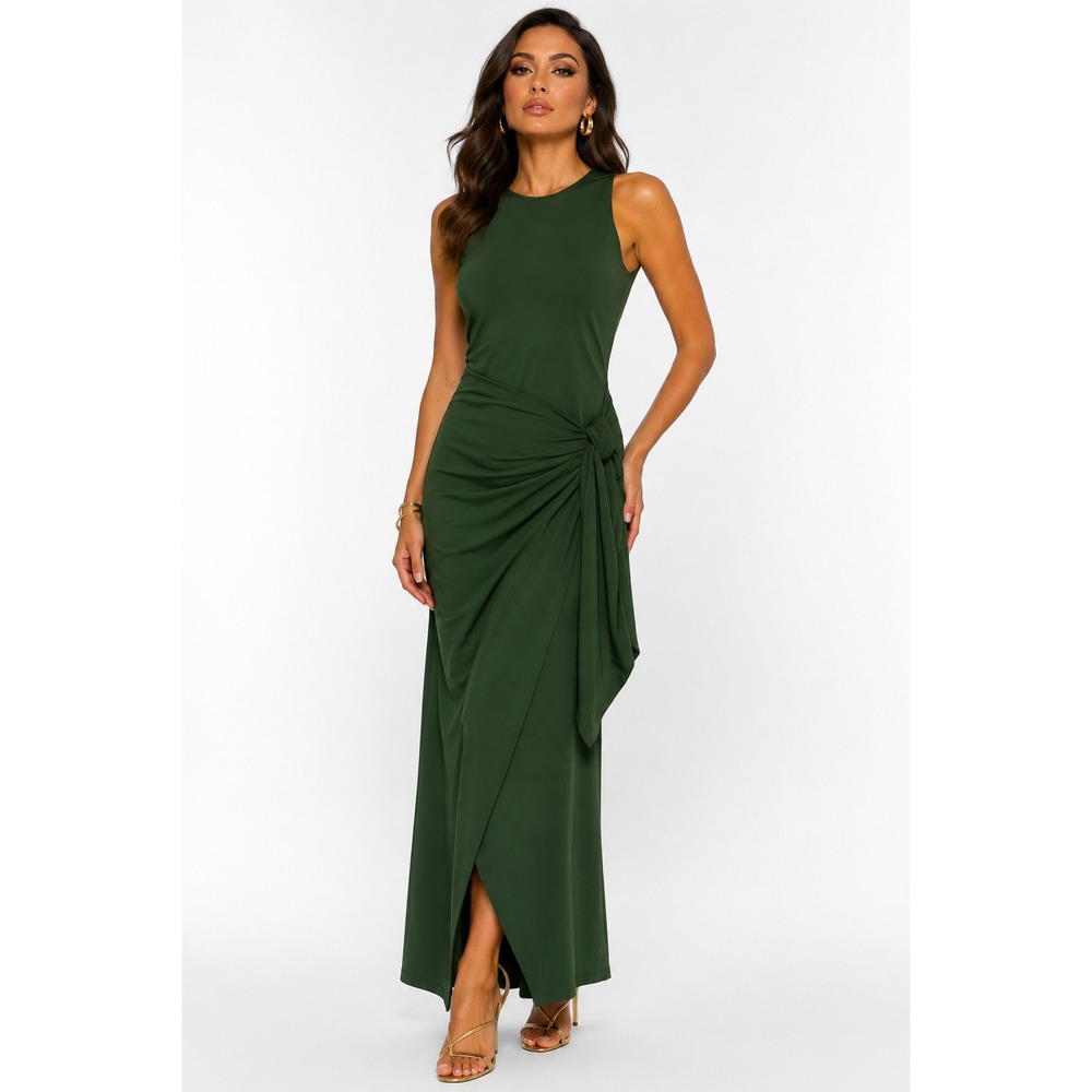 Socialite Airlea Fitted Dress Green Sleeveless Ruched Side Tie Maxi XS NEW